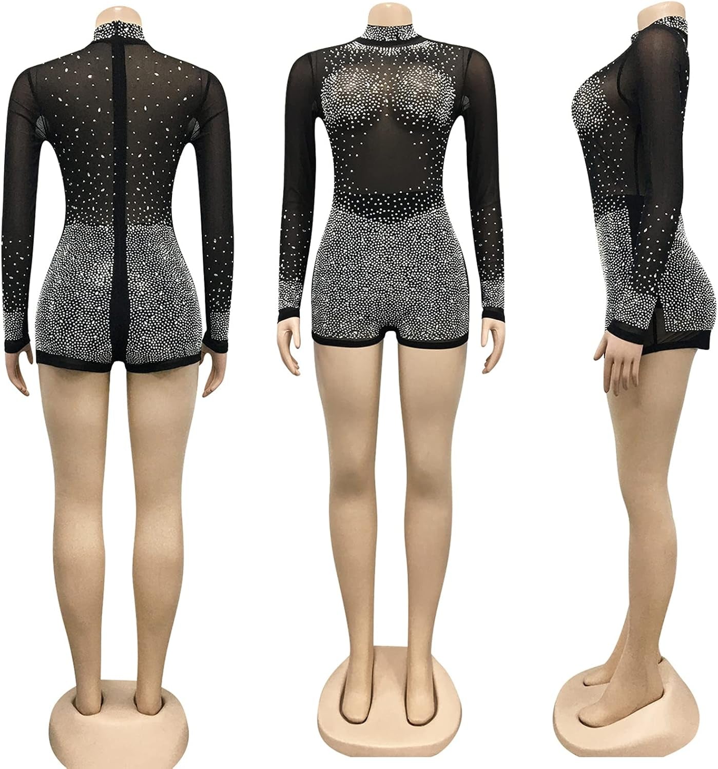 Women Sexy Sequin Diamond See through Bodycon Jumpsuit Long Sleeve Mesh Sheer Skinny Short Pants Romper Jumpsuit Black S