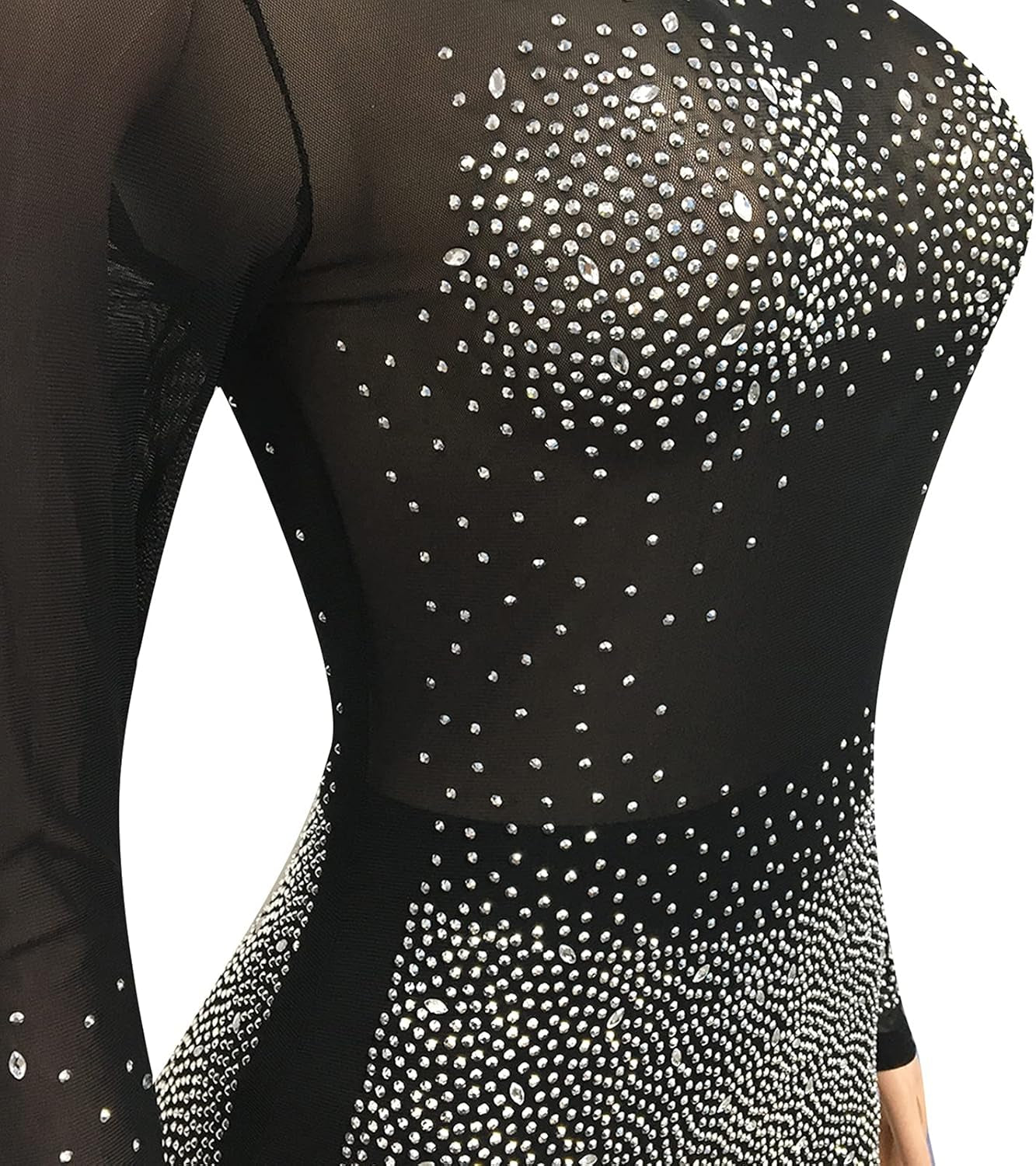 Women Sexy Sequin Diamond See through Bodycon Jumpsuit Long Sleeve Mesh Sheer Skinny Short Pants Romper Jumpsuit Black S