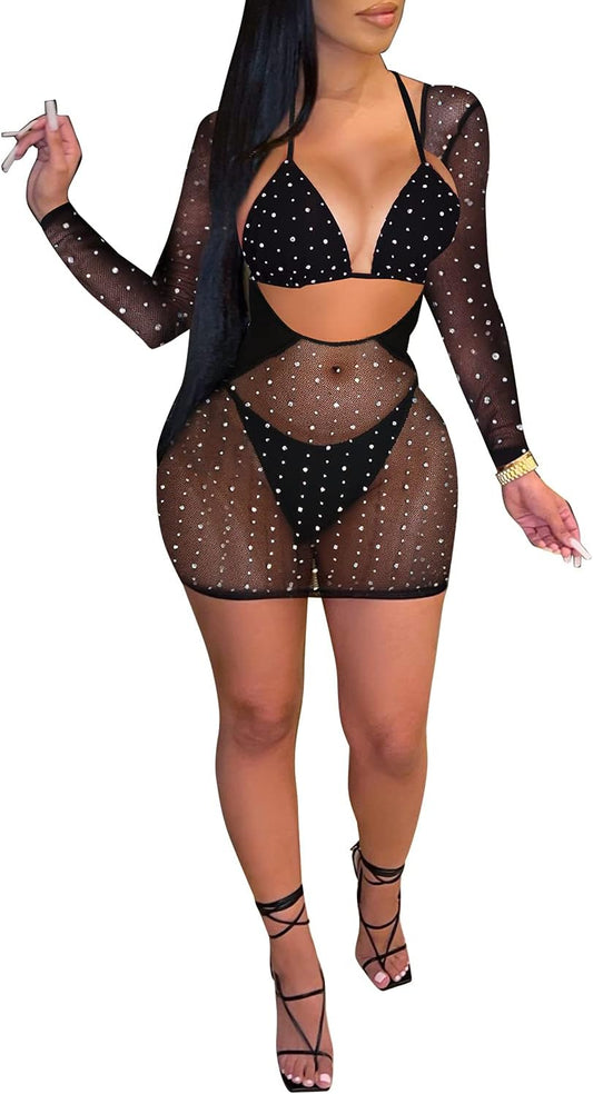 Women Sexy Hot Drilling Process Sexy Dress Party Club Night Dress (2108, Black,S)