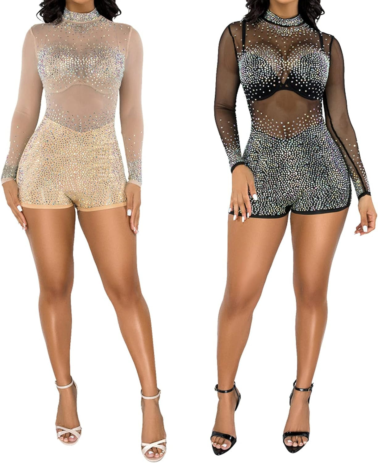 Women Sexy Sequin Diamond See through Bodycon Jumpsuit Long Sleeve Mesh Sheer Skinny Short Pants Romper Jumpsuit Black S