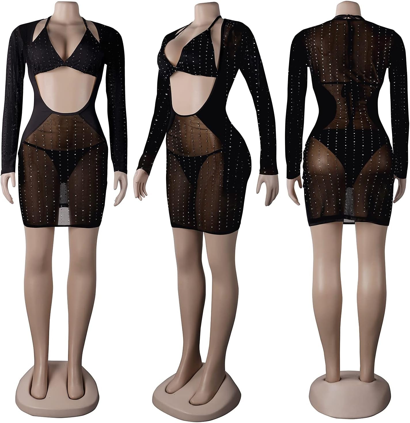 Women Sexy Hot Drilling Process Sexy Dress Party Club Night Dress (2108, Black,S)