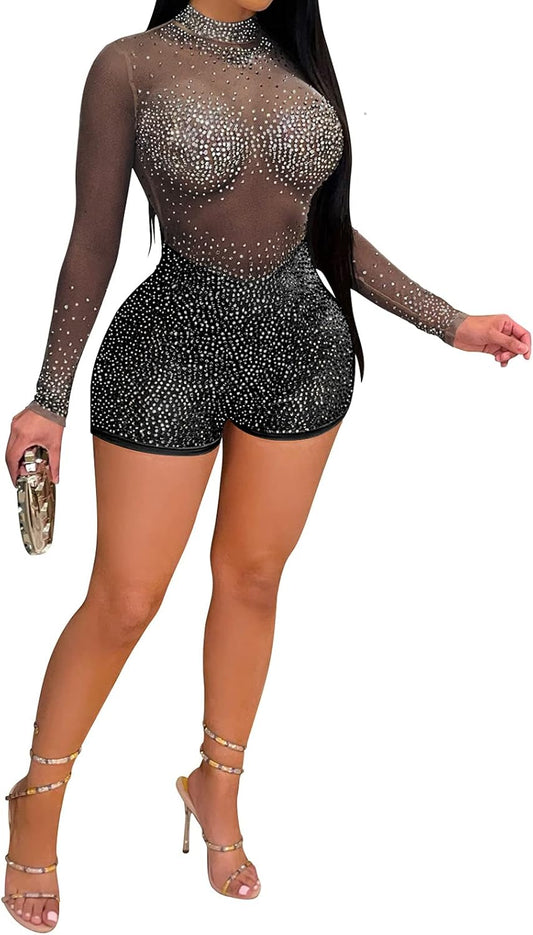 Women Sexy Sequin Diamond See through Bodycon Jumpsuit Long Sleeve Mesh Sheer Skinny Short Pants Romper Jumpsuit Black S